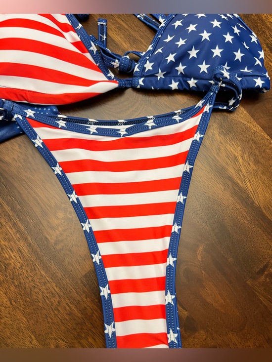 3pc American Flag Stars Stripes Bikini Set with Mesh Cover Up Top - Picture 6 of 8